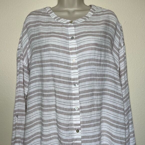 St Tropez West Linen Tan Stripe Button Front Long Tab Sleeve Shirt Women Large - Picture 3 of 11